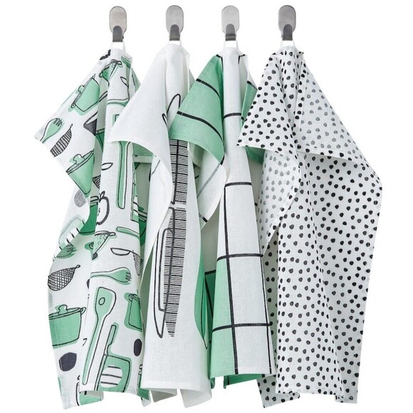 IKEA RINNIG Dish towel, white/green/patterned Cotton 18x24" (4 PACK) - Picture 1 of 12